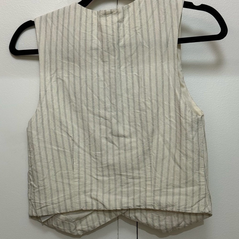 H&M Linen Blend Pinstripe Vest Neutral Minimalist Waistcoat XS - Picture 2 of 3